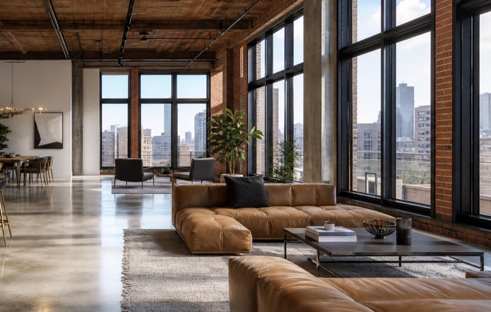 The seating area of a city loft, looking out over the skyline