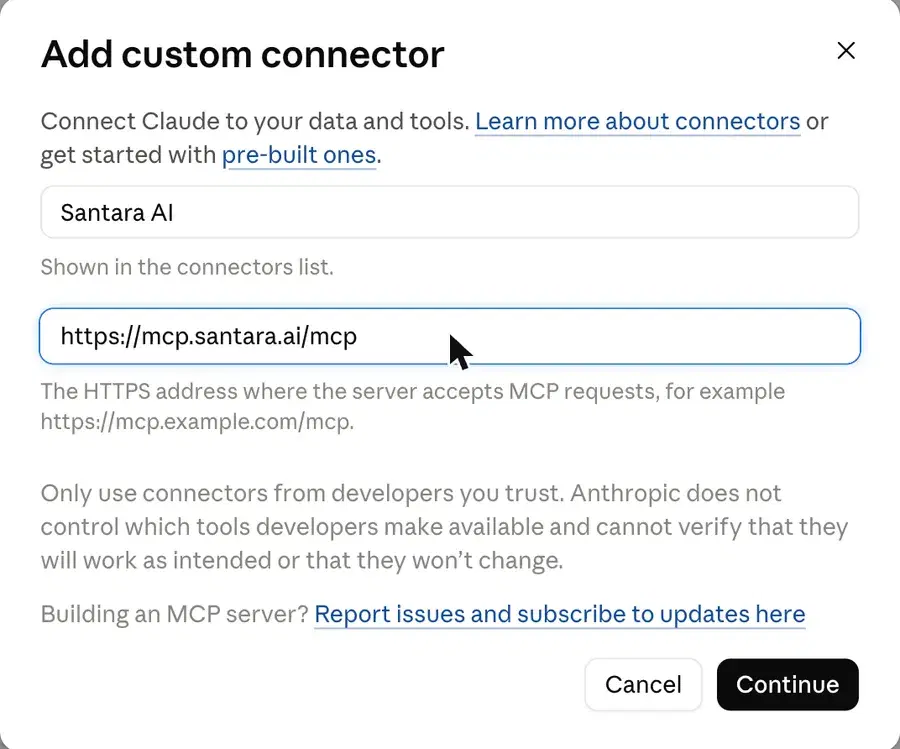 Claude’s “Add custom connector” form with the Santara AI address filled in