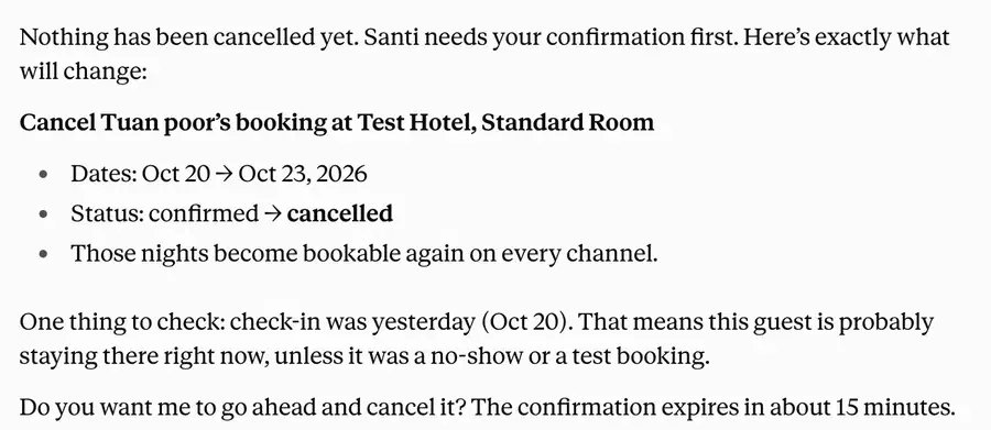 Claude showing the exact change and asking before it cancels a booking